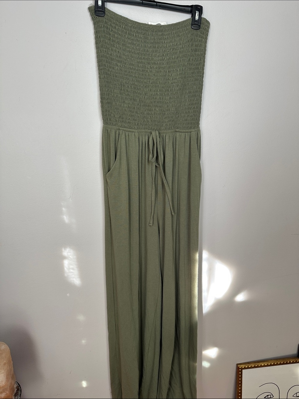 Olive Green Strapless Smocked Jumpsuit